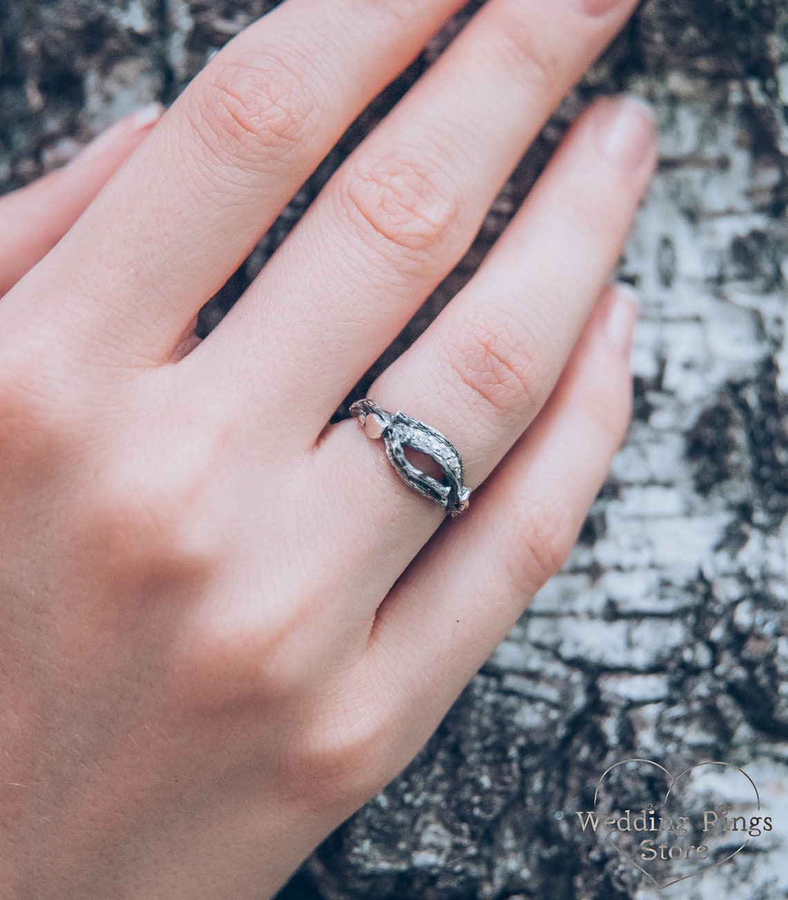 Stones on a Dainty Split Silver Branch & Leaves Cute Ring