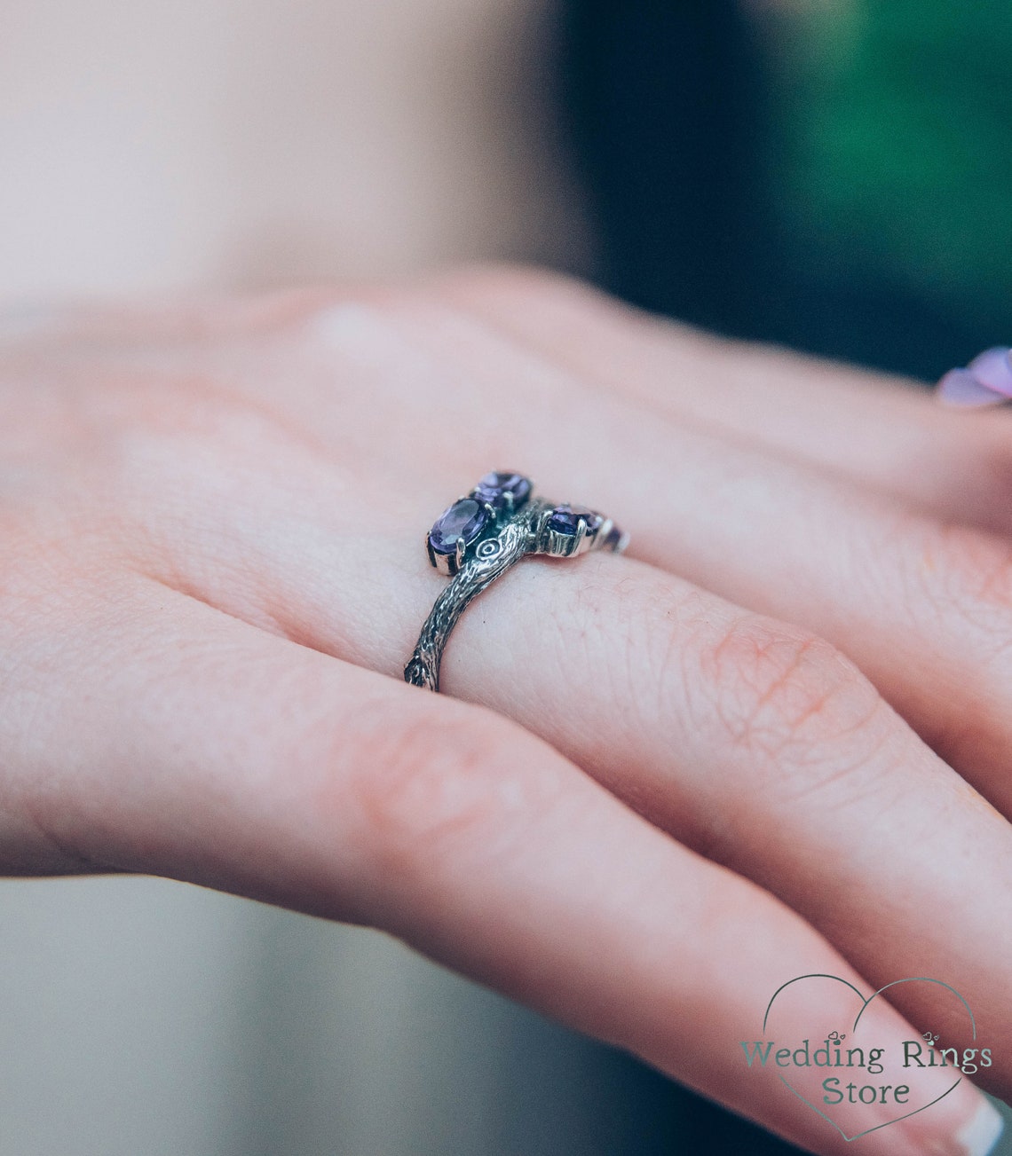 Delicate Amethysts Waved Twig Engagement Ring in oxidized Silver