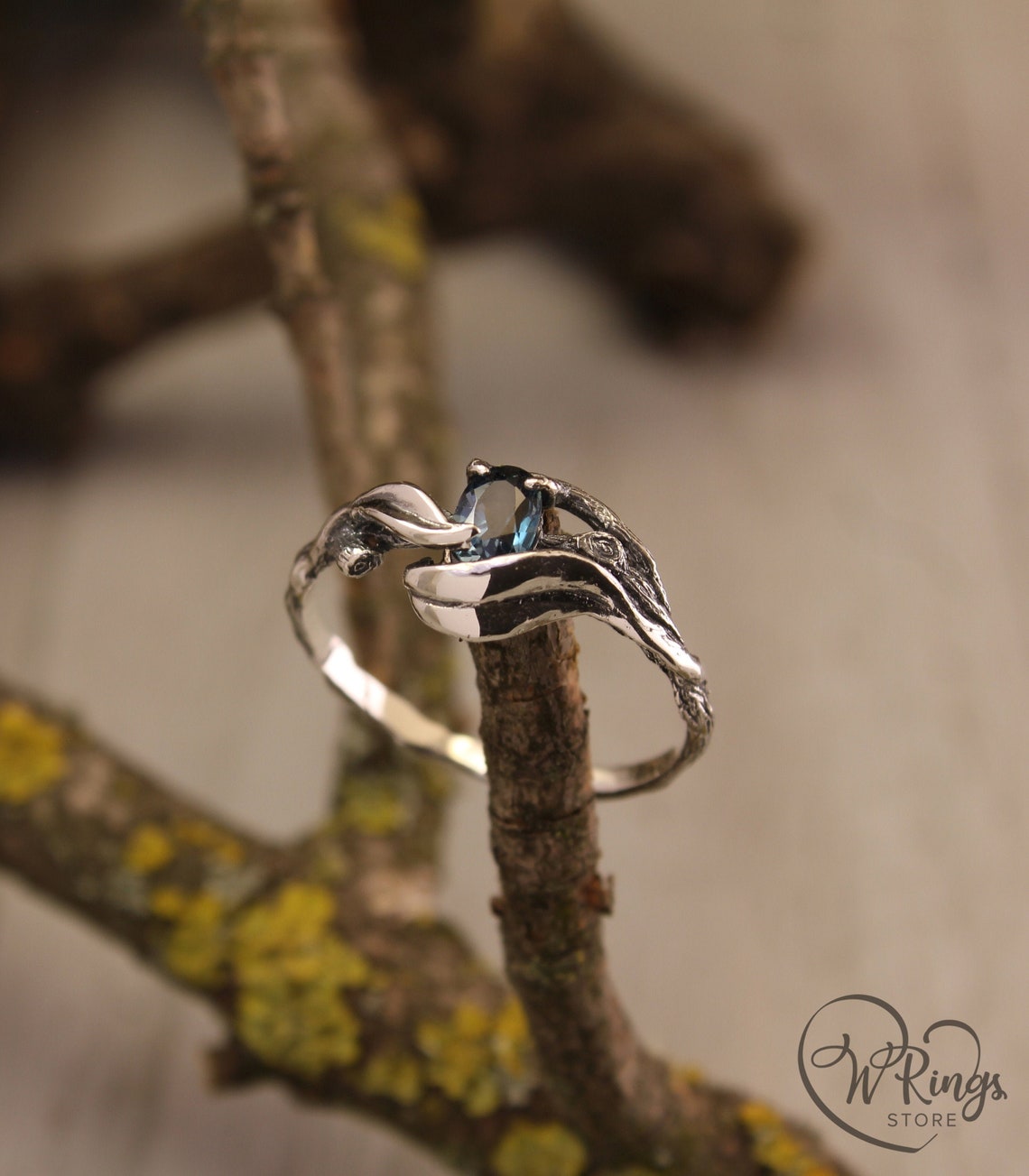 Tiny Silver Branch and Leaves with blue Topaz Engagement Ring