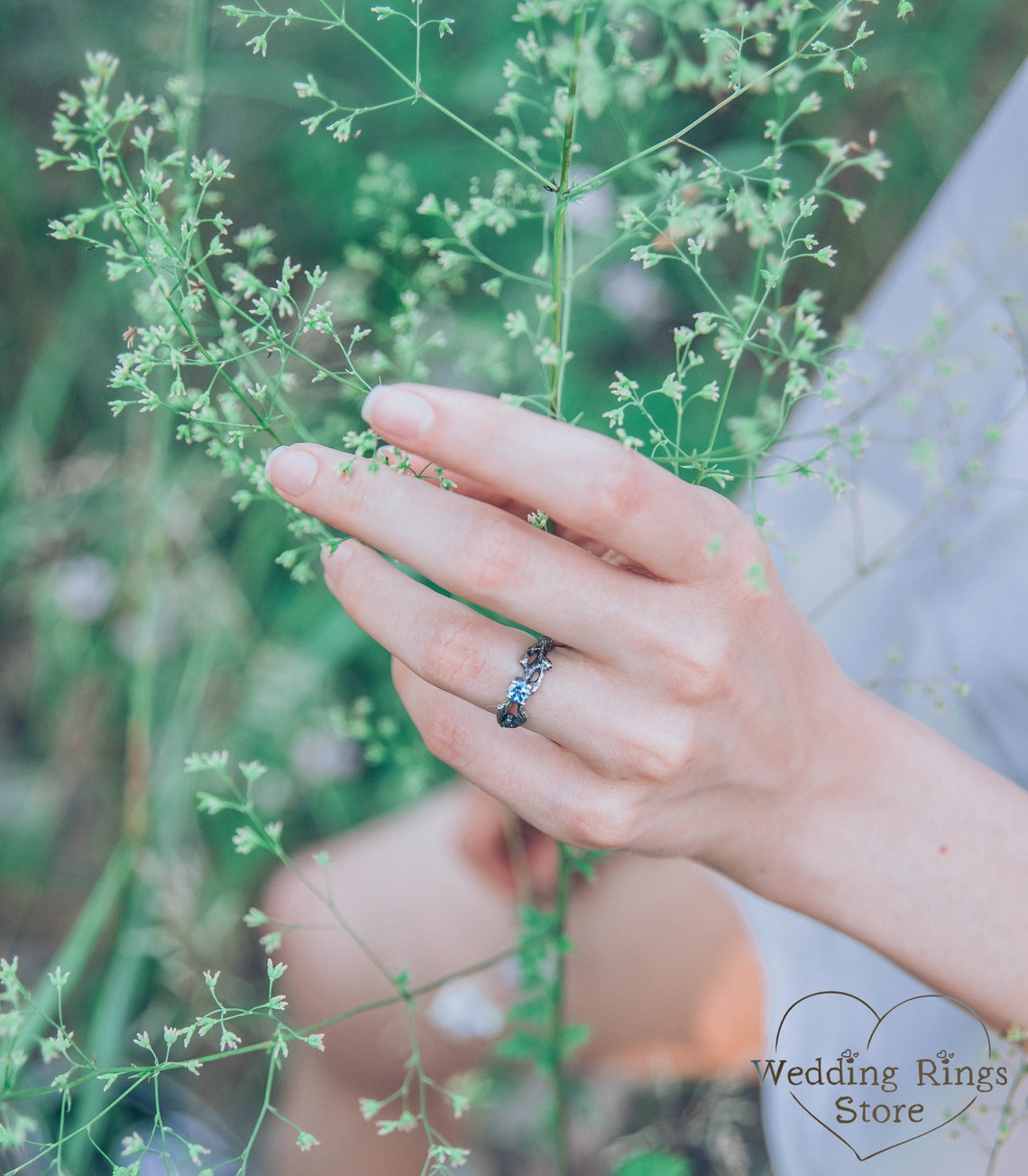 Dainty Small Branch Swiss Topaz Engagement Ring in Silver