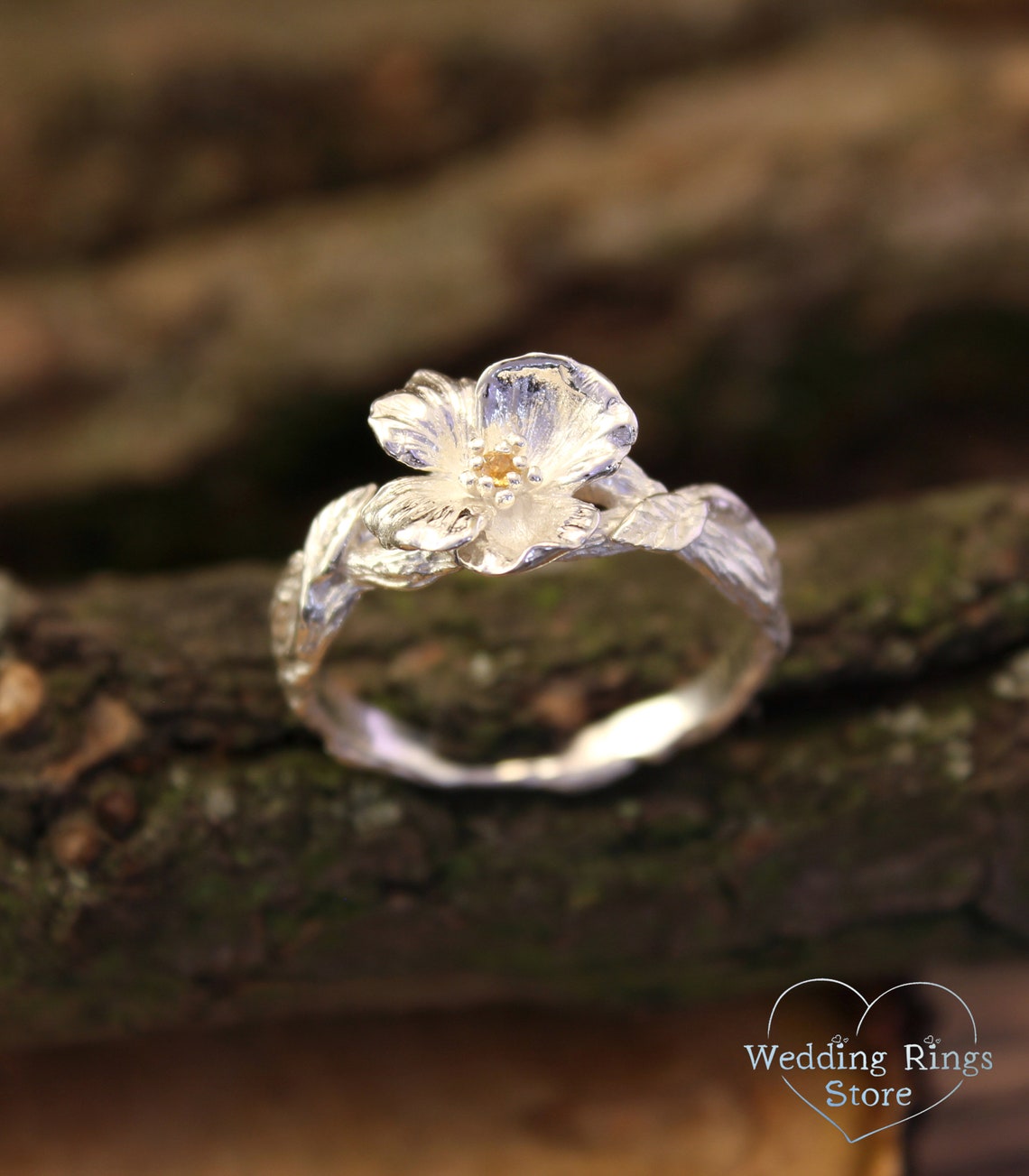 Fine Silver Branch and Citrine flower Engagement Ring