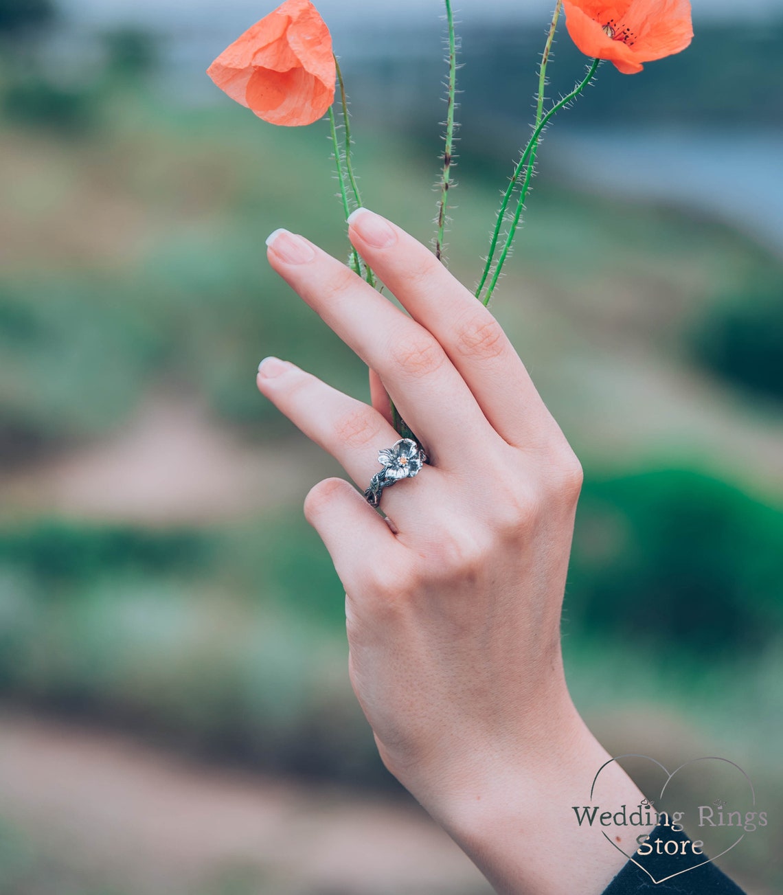 Fine Silver Branch and Citrine flower Engagement Ring