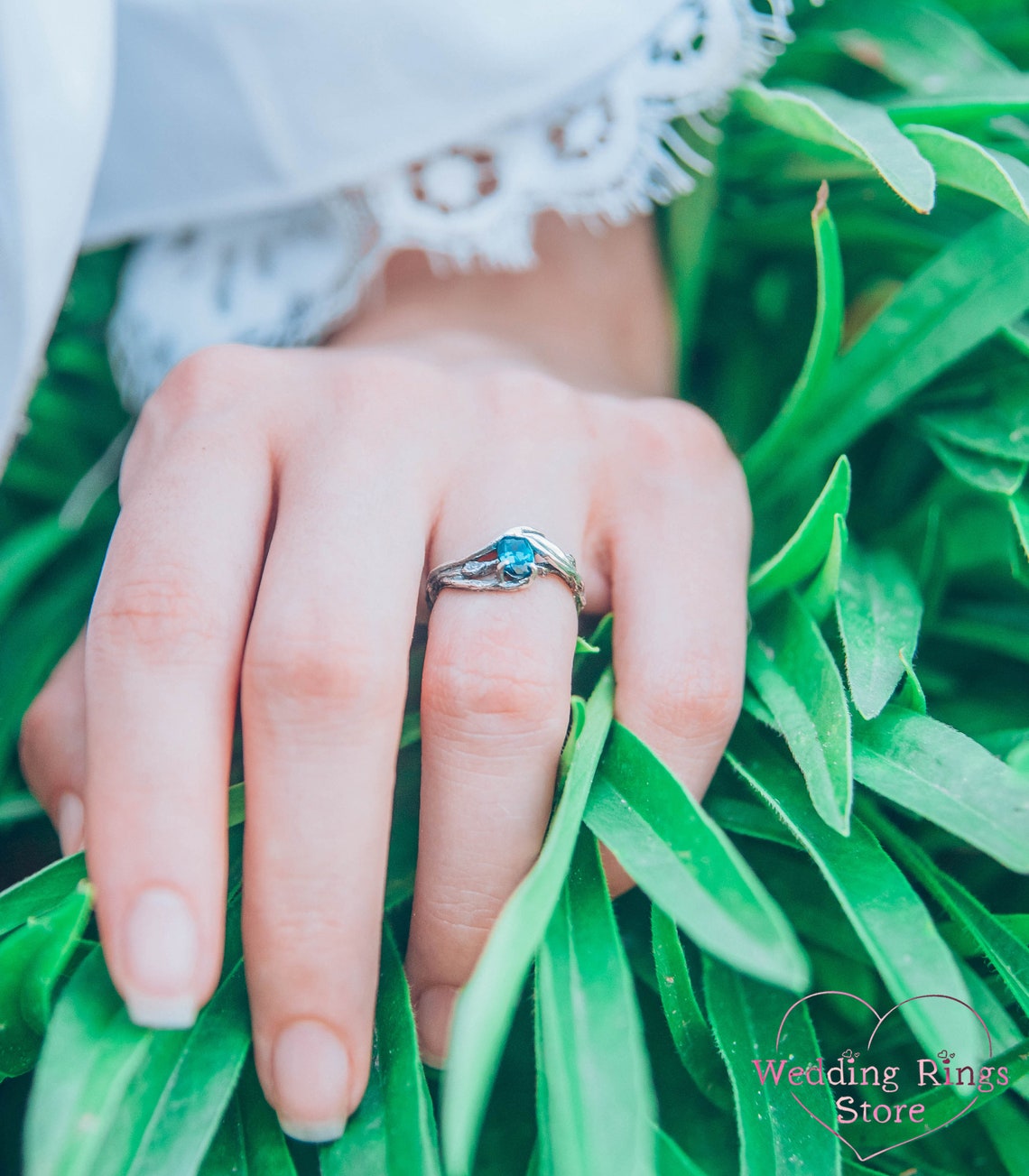 Tiny Silver Branch and Leaves with blue Topaz Engagement Ring