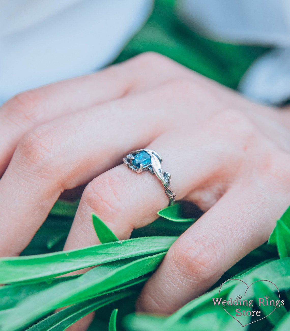 Tiny Silver Branch and Leaves with blue Topaz Engagement Ring