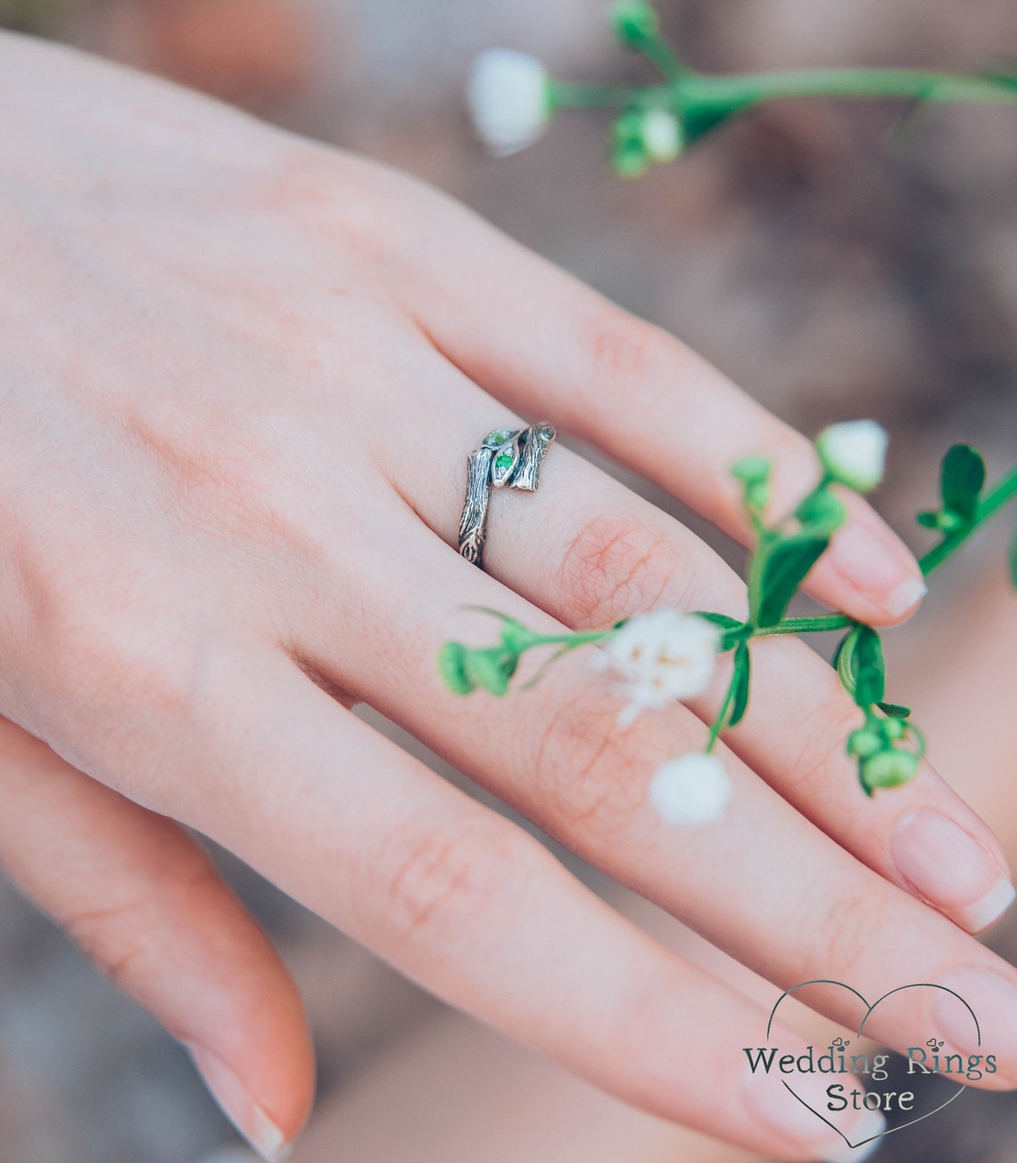 Emeralds in Leaves and Silver Twig Dainty Ring