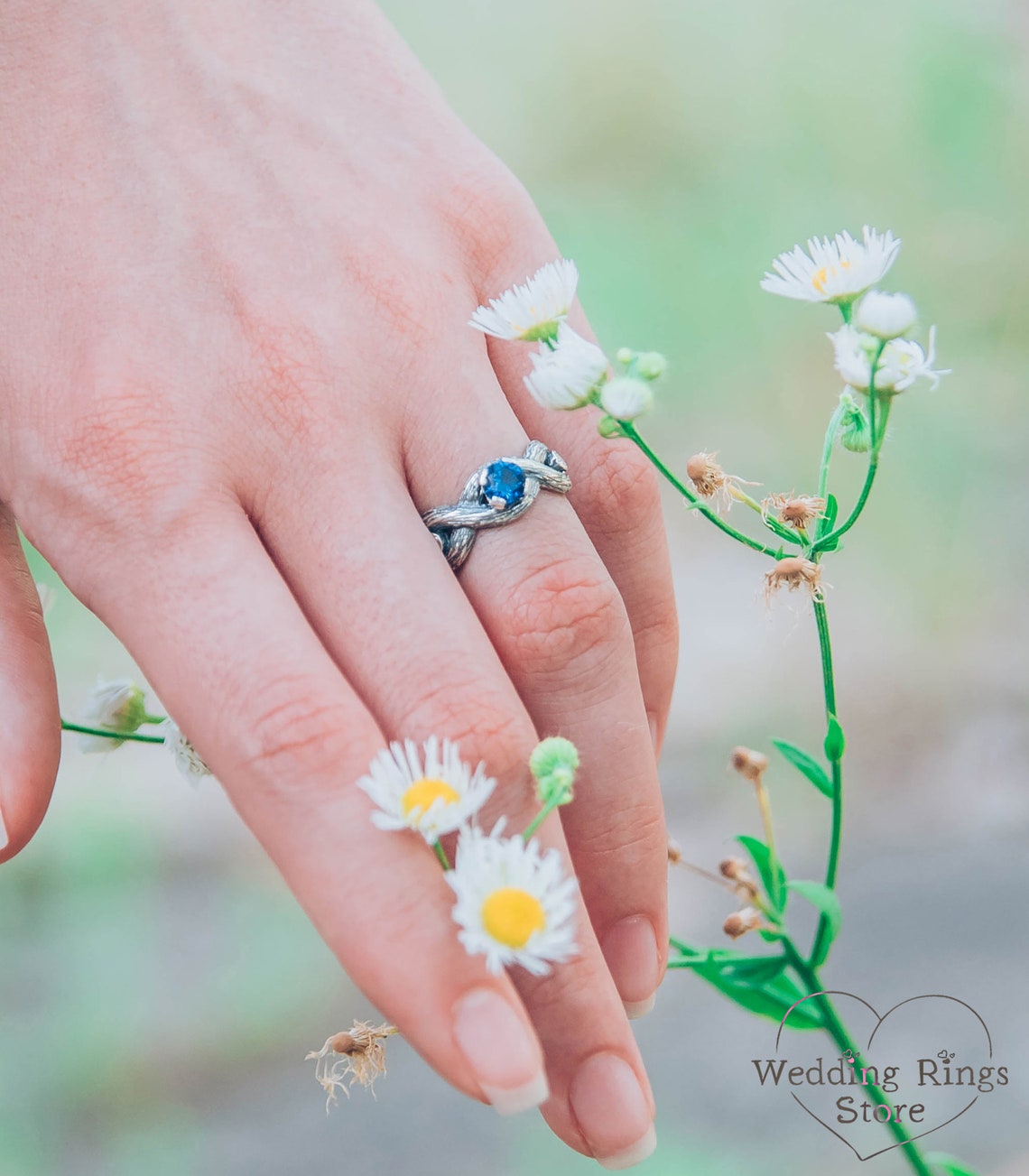 Silver Braided Branches Sapphire Engagement Ring