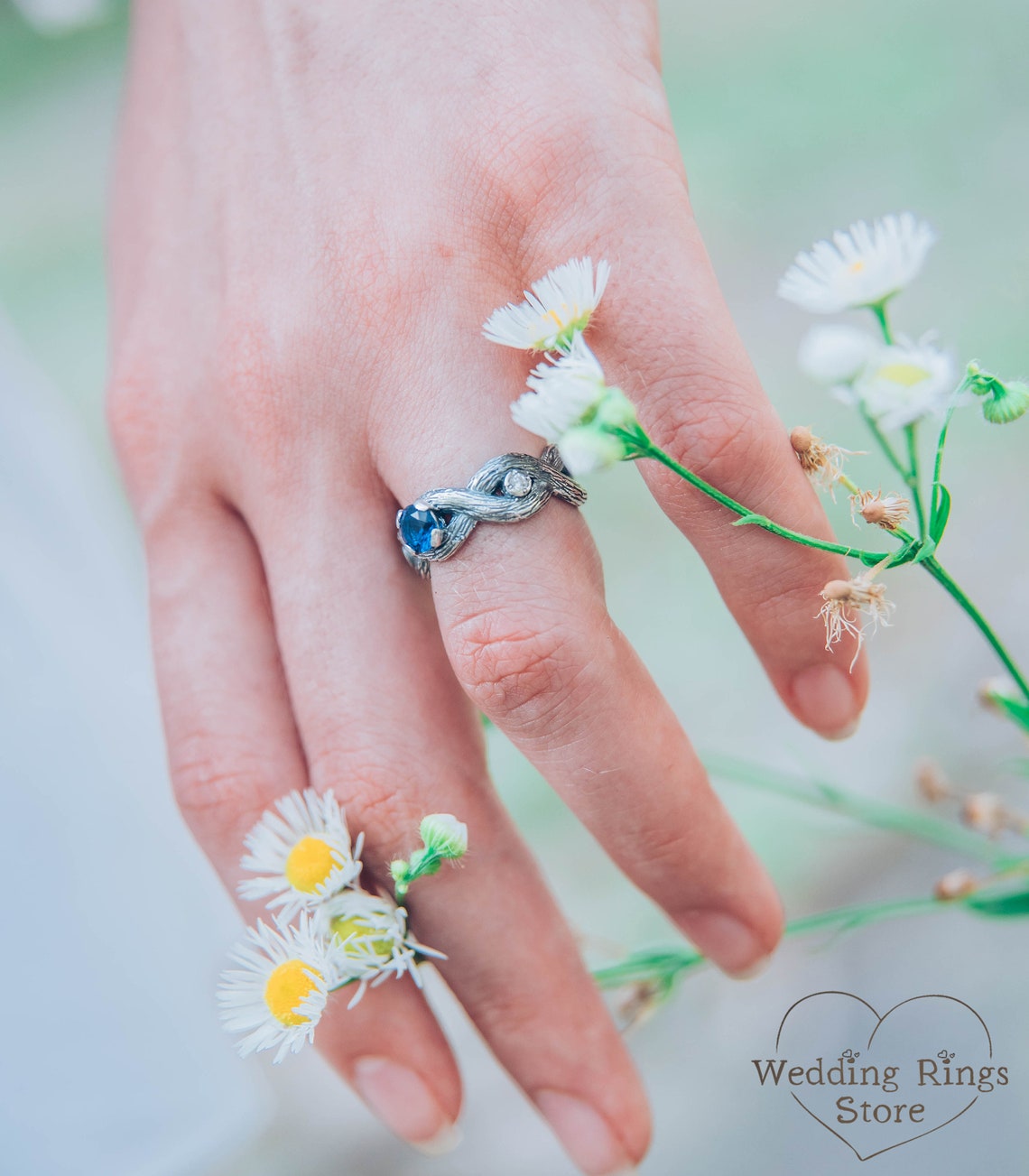 Silver Braided Branches Sapphire Engagement Ring