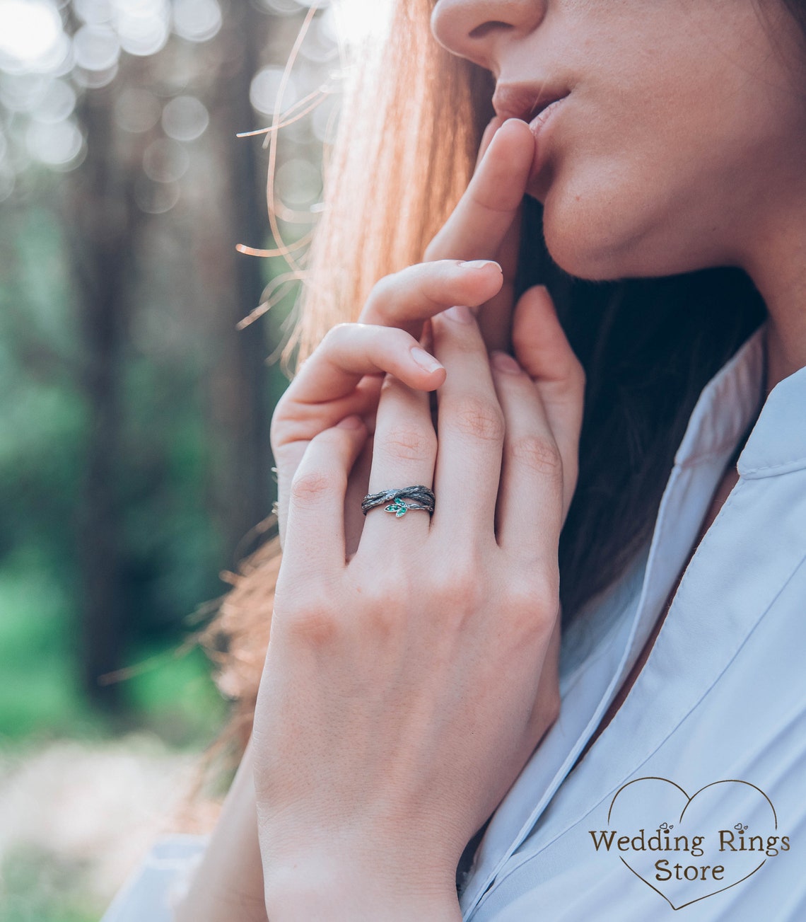 Tiny Emeralds in the Leaf Silver Twig Engagement Ring