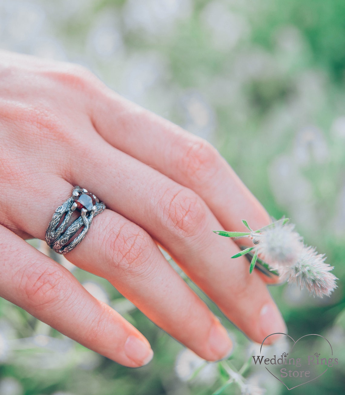 Garnet Engagement Ring with Fine Silver Branches