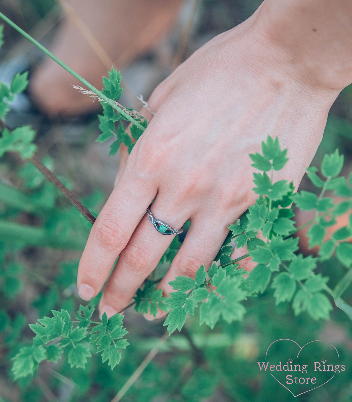 Small Twig and Leaves — Tiny Emerald Engagement Ring