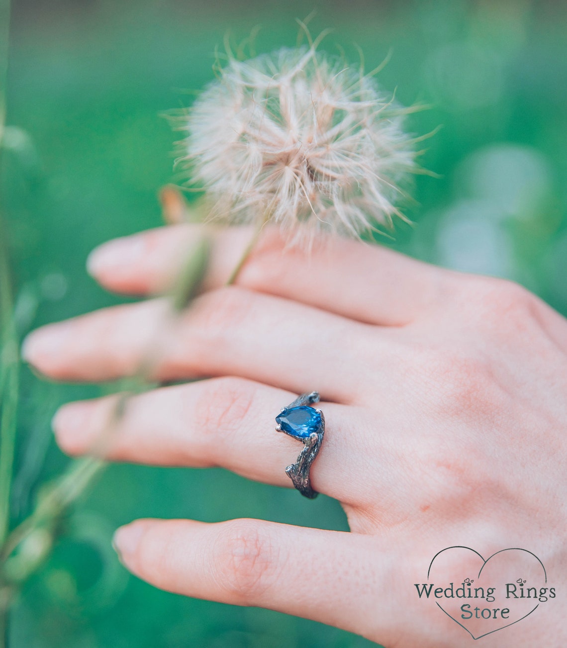 Pear cut Sapphire joins Silver Branches Engagement Ring