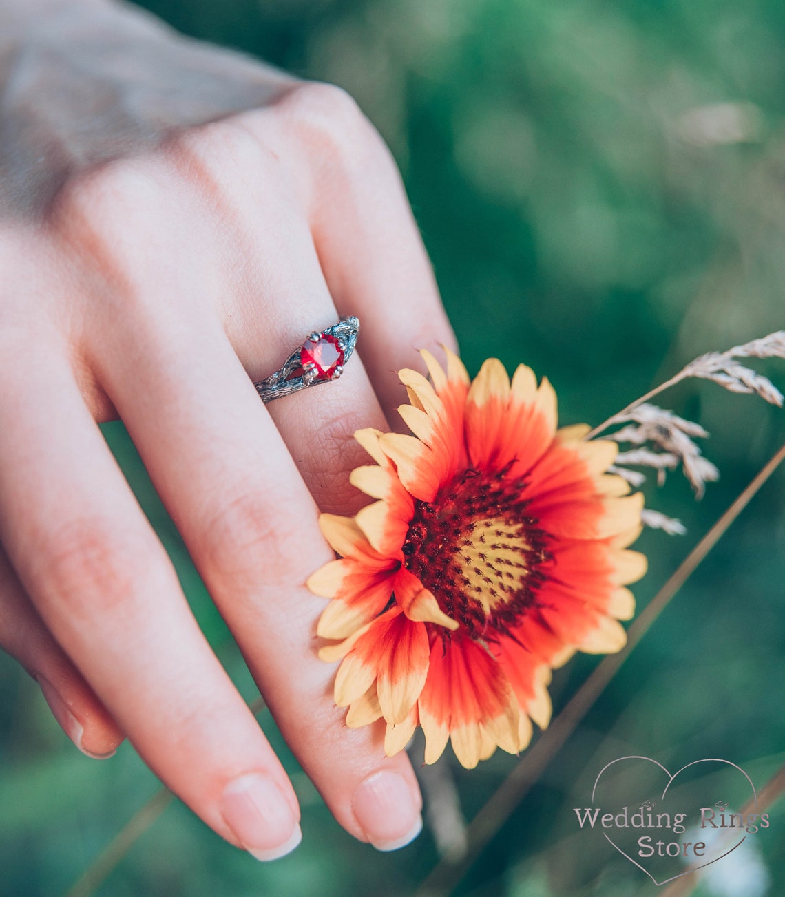 Sparkling Ruby Engagement Ring with Split Silver Twig