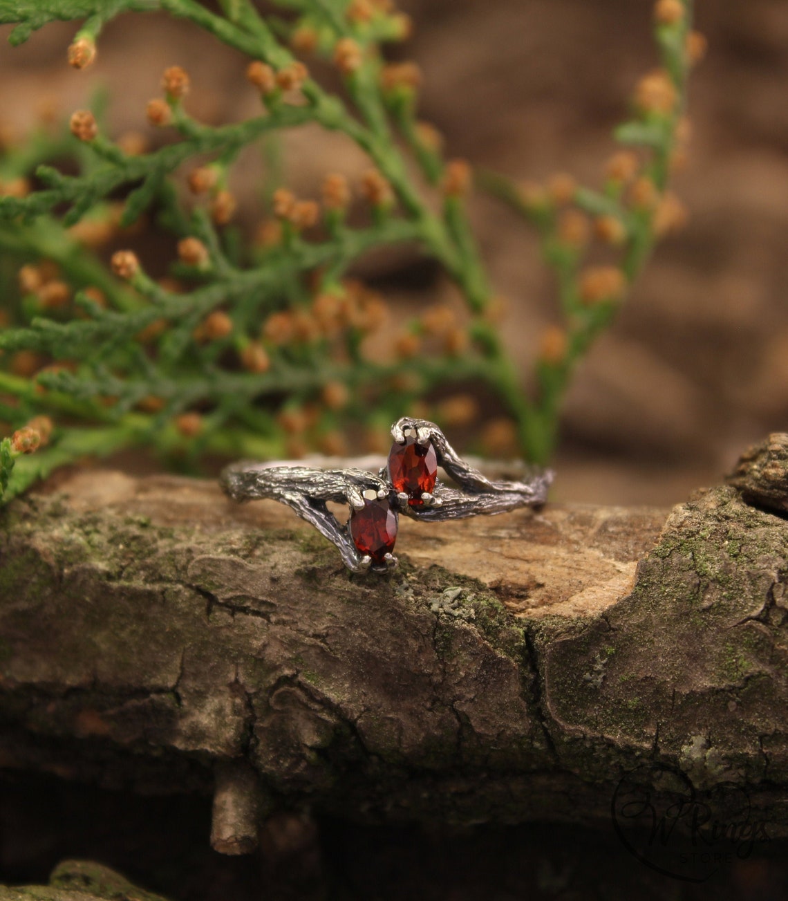 Two Oval Garnets Tiny Silver Branch Engagement Ring