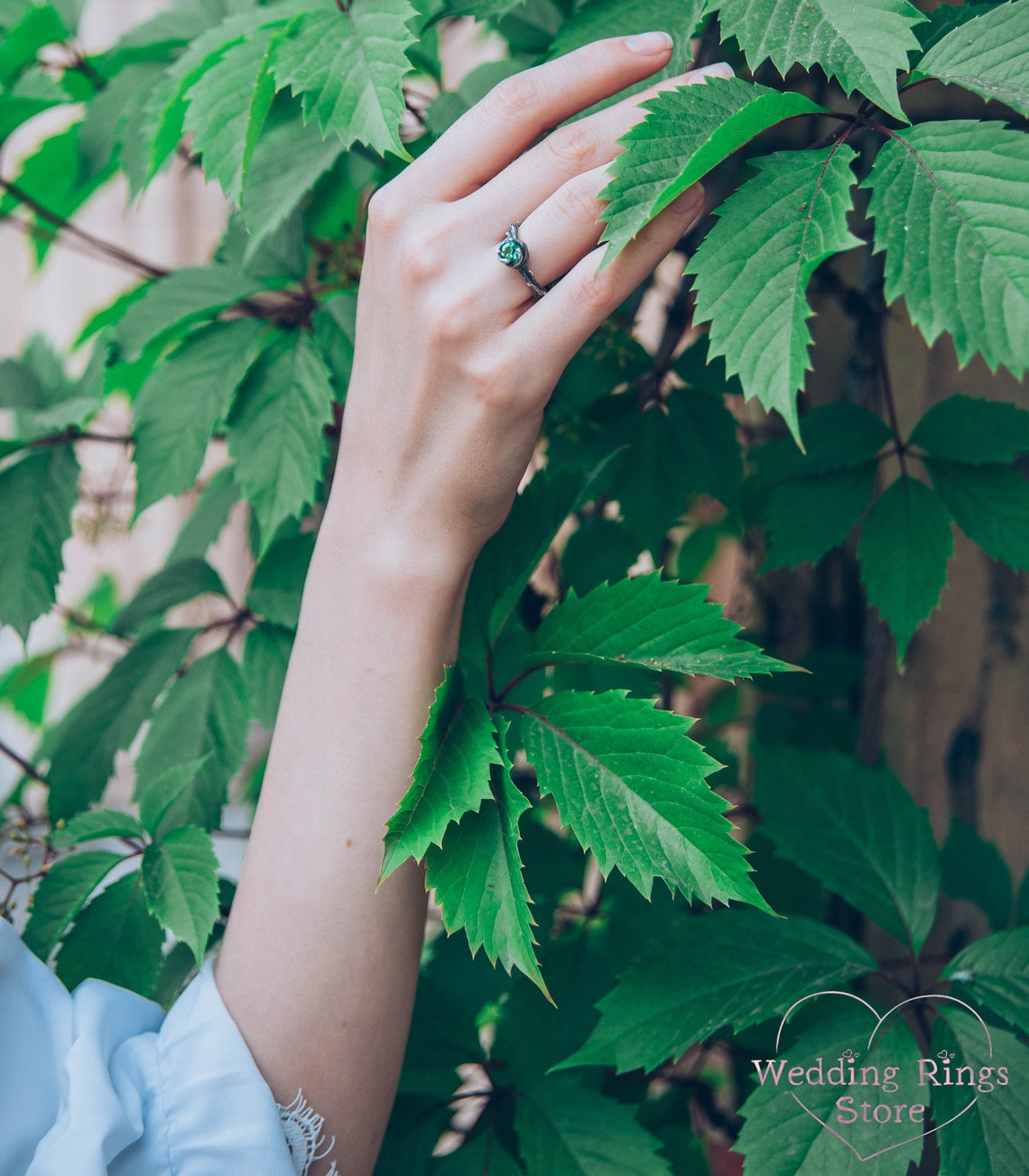 Green Quartz & Silver Nature inspired braided Twig Ring