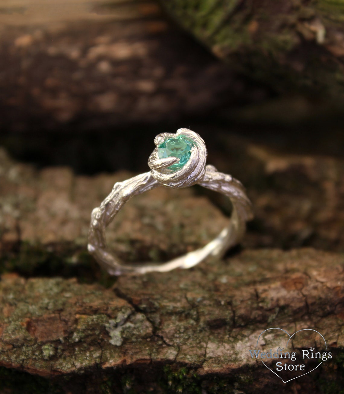 Green Quartz & Silver Nature inspired braided Twig Ring