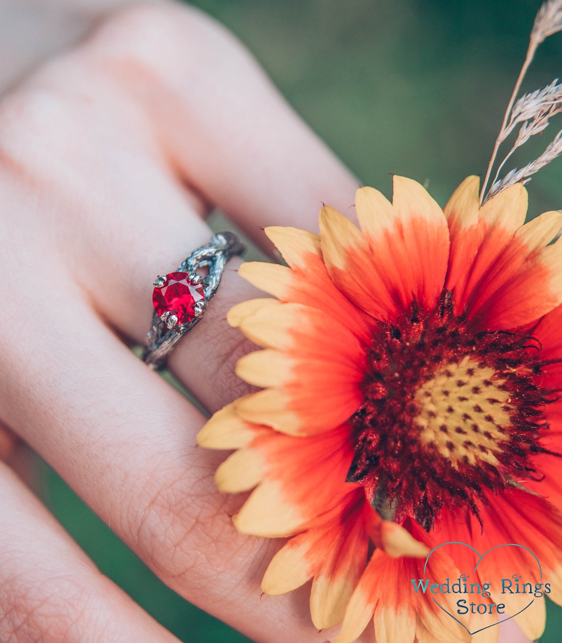 Sparkling Ruby Engagement Ring with Split Silver Twig