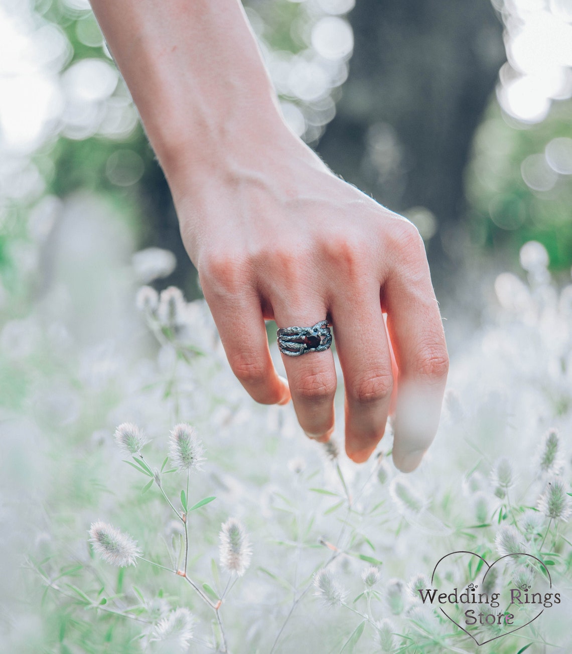 Garnet Engagement Ring with Fine Silver Branches