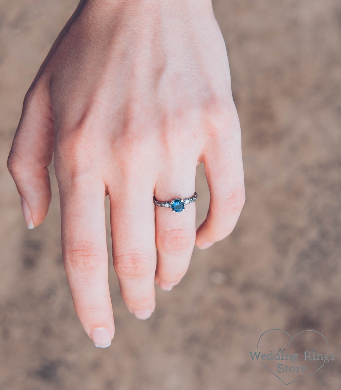 Tiny and Cute Twig Sapphire Engagement Ring with Side Stones