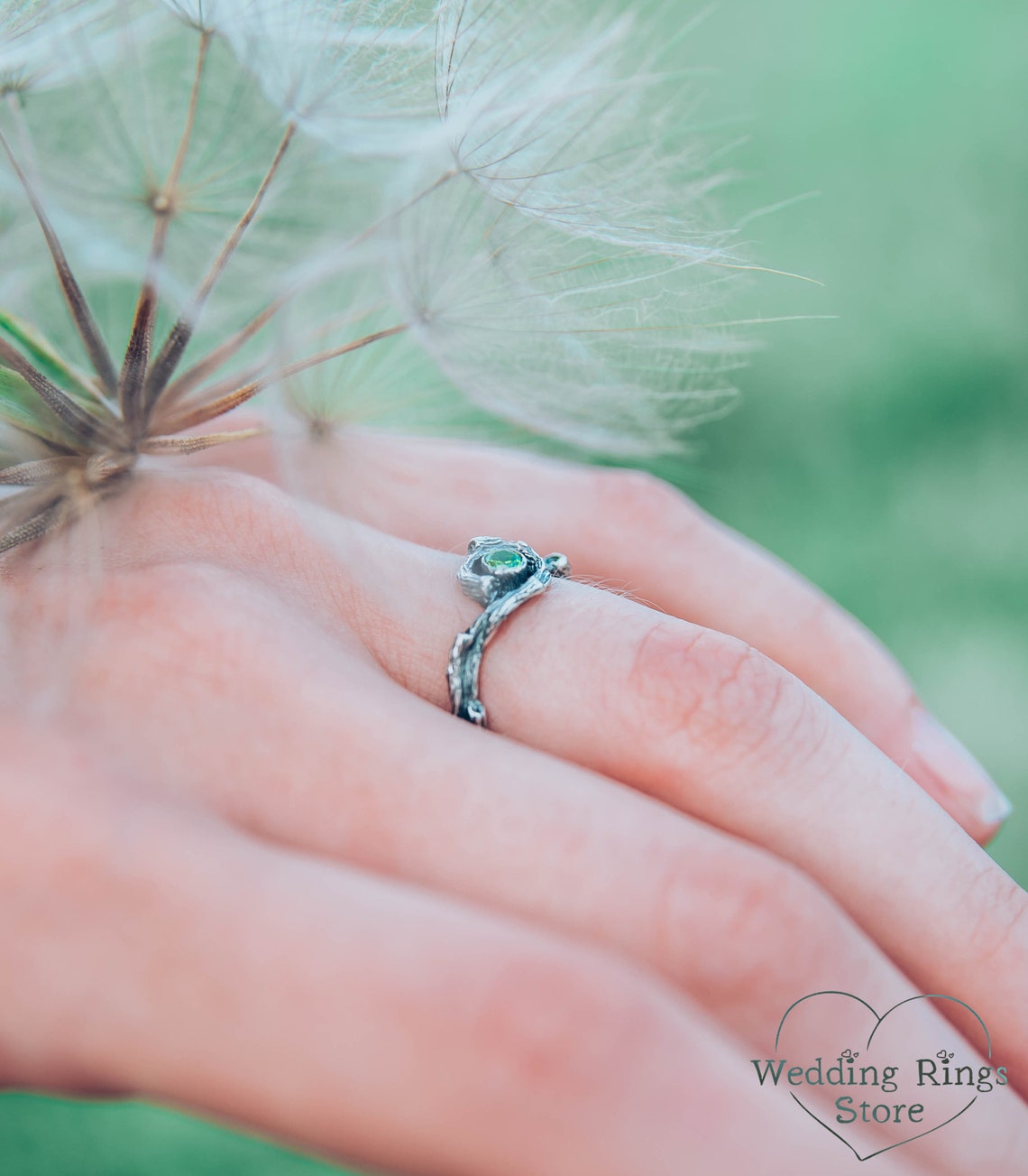 Dainty Braided Silver Twigs with Shiny Emerald inside