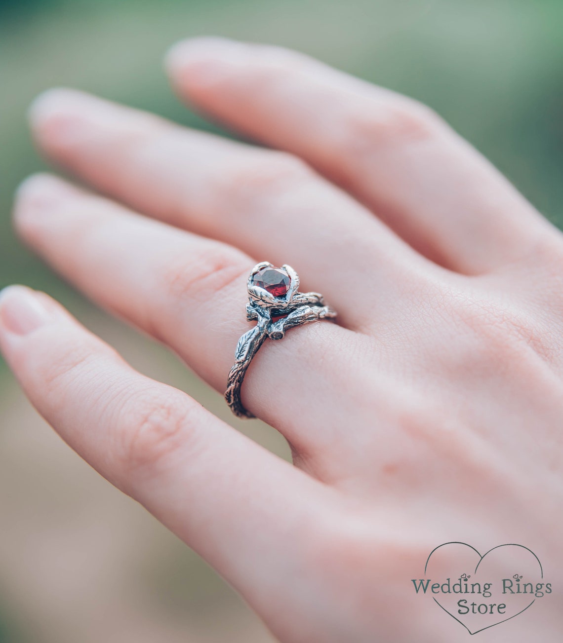 Unusual Branch and Leaves Silver Garnet Engagement Ring