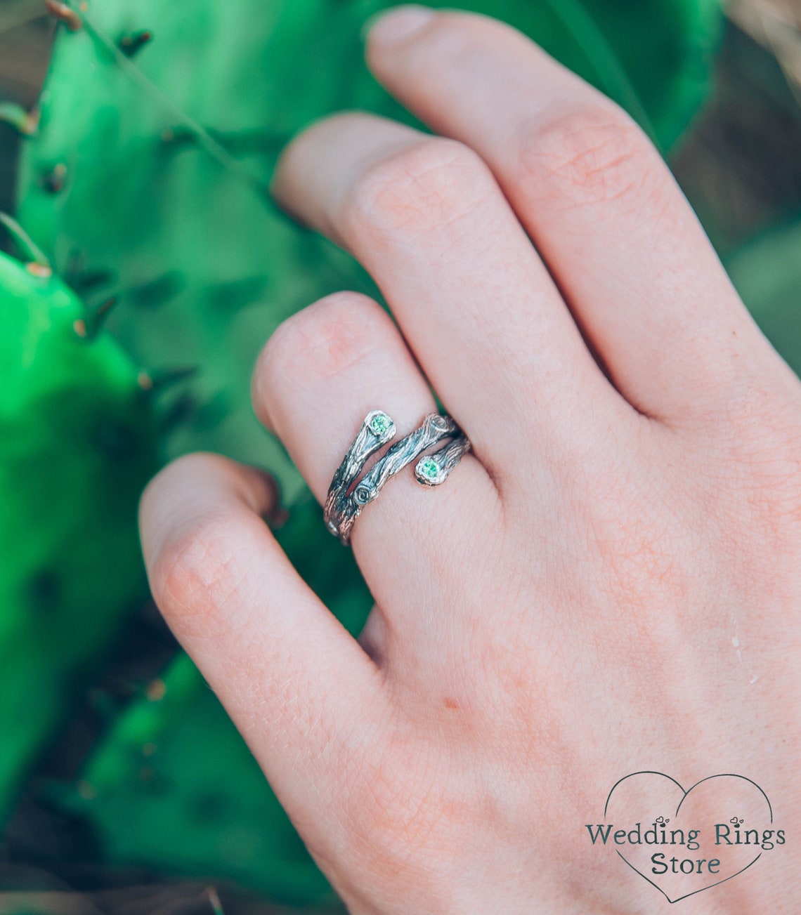 Three petite Branches Unique Silver Promise Ring with Emeralds