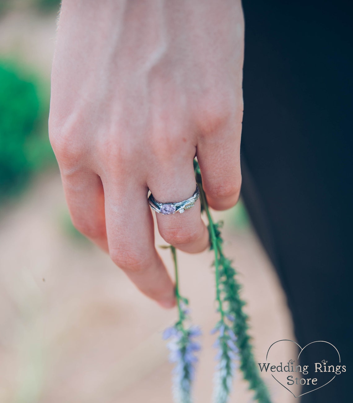 Oval Amethyst Branch and Leaves Engagement Ring with Accents