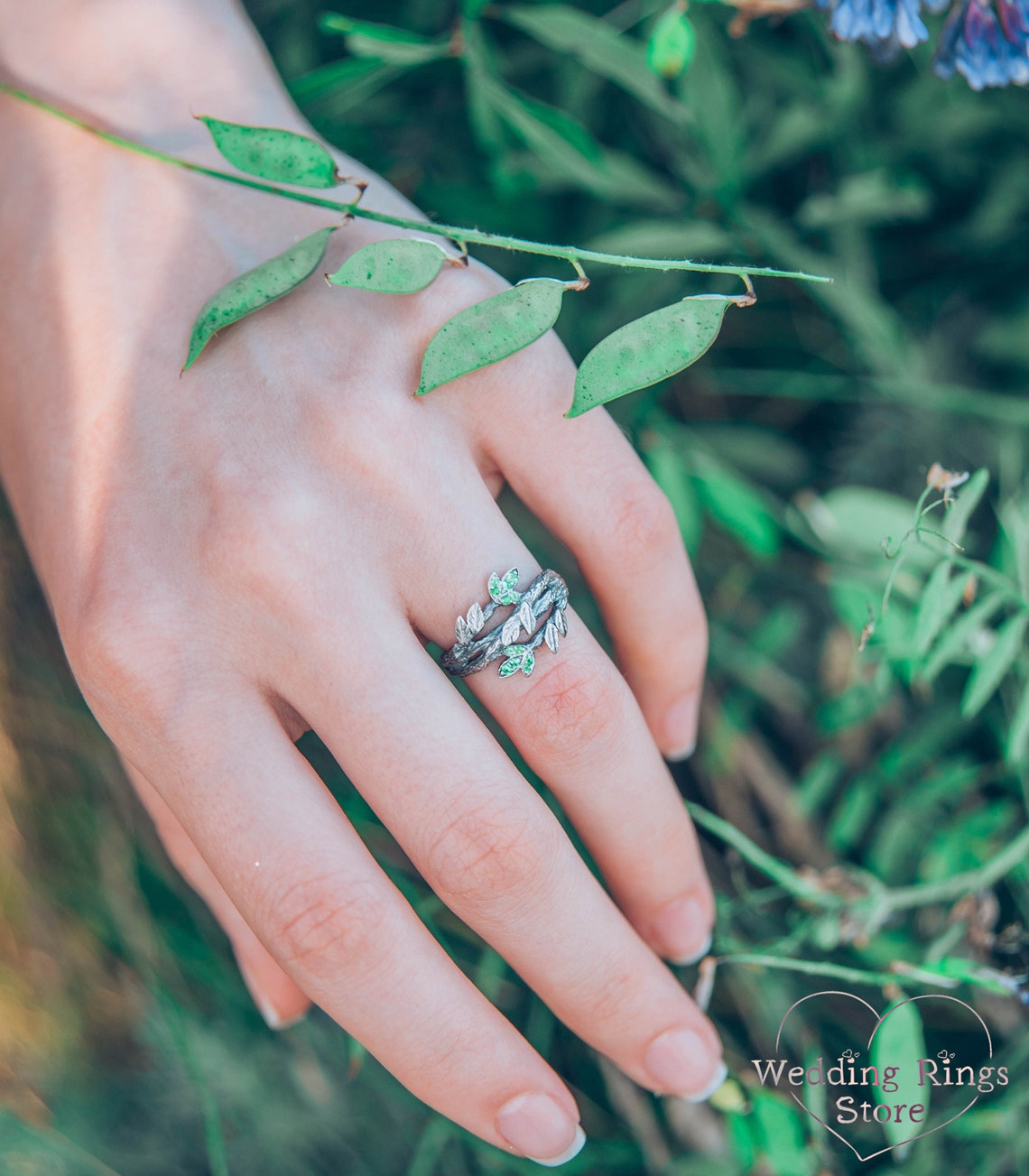 Leaves with Emeralds on the Braided Twigs Ring