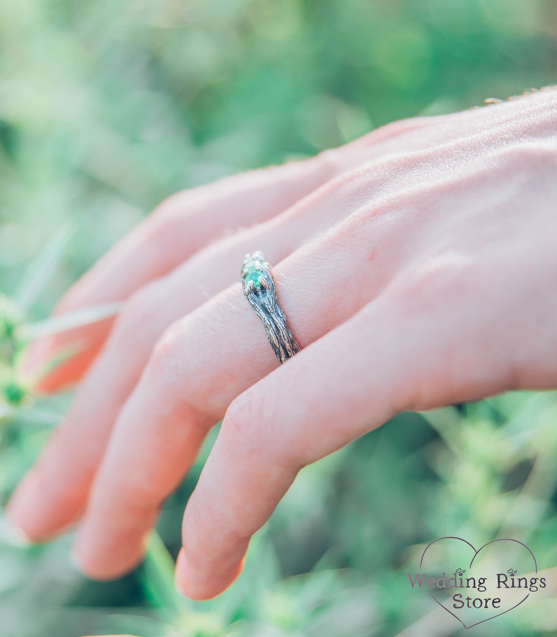 Emeralds on Branch Silver Three Stone Ring for Her