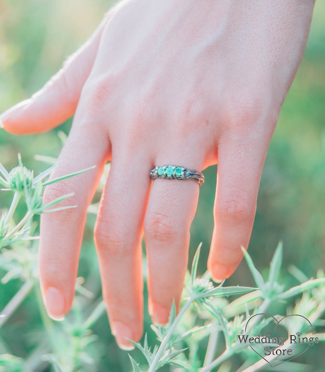 Emeralds on Branch Silver Three Stone Ring for Her