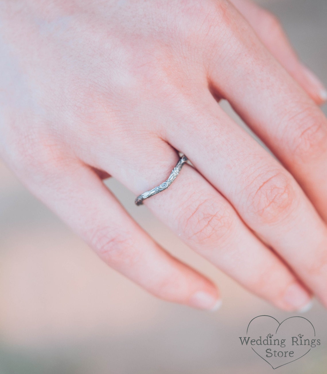 Tiny Tree bark Silver Stackable Wedding Band