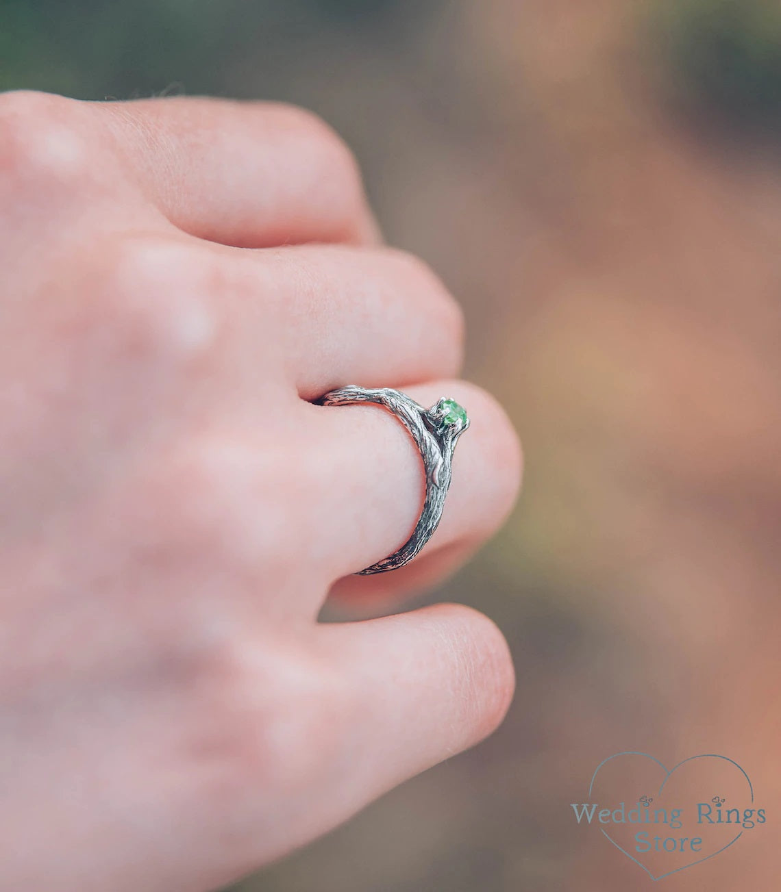 Tiny Emerald on the Side Branch Silver Dainty Engagement Ring