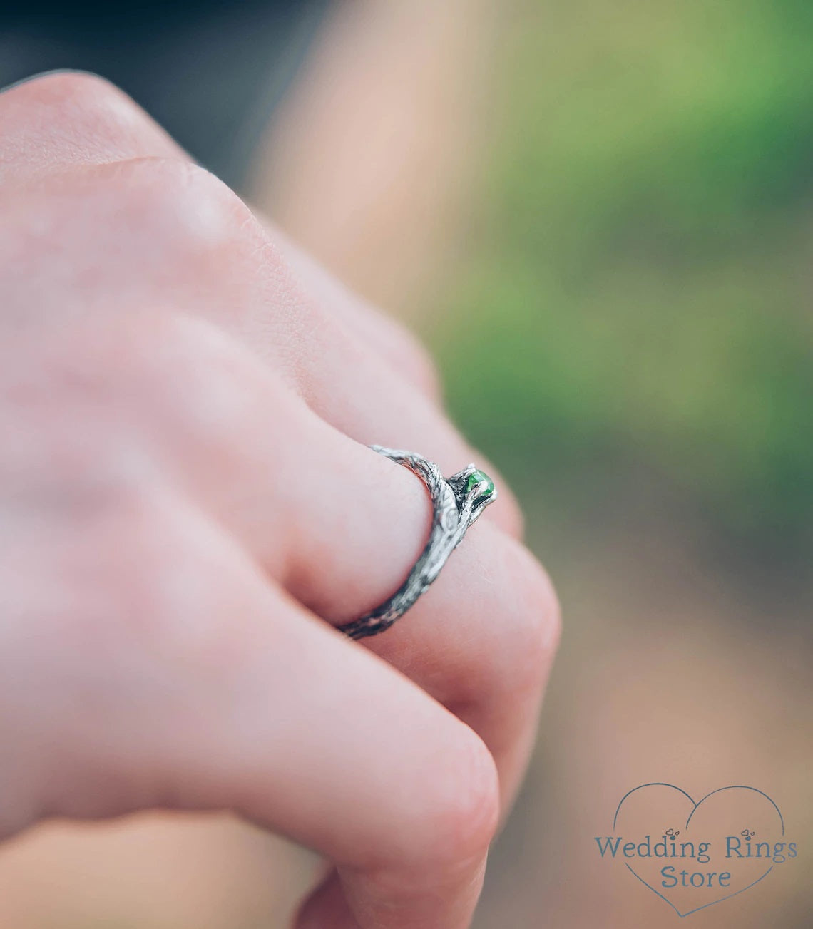 Tiny Emerald on the Side Branch Silver Dainty Engagement Ring