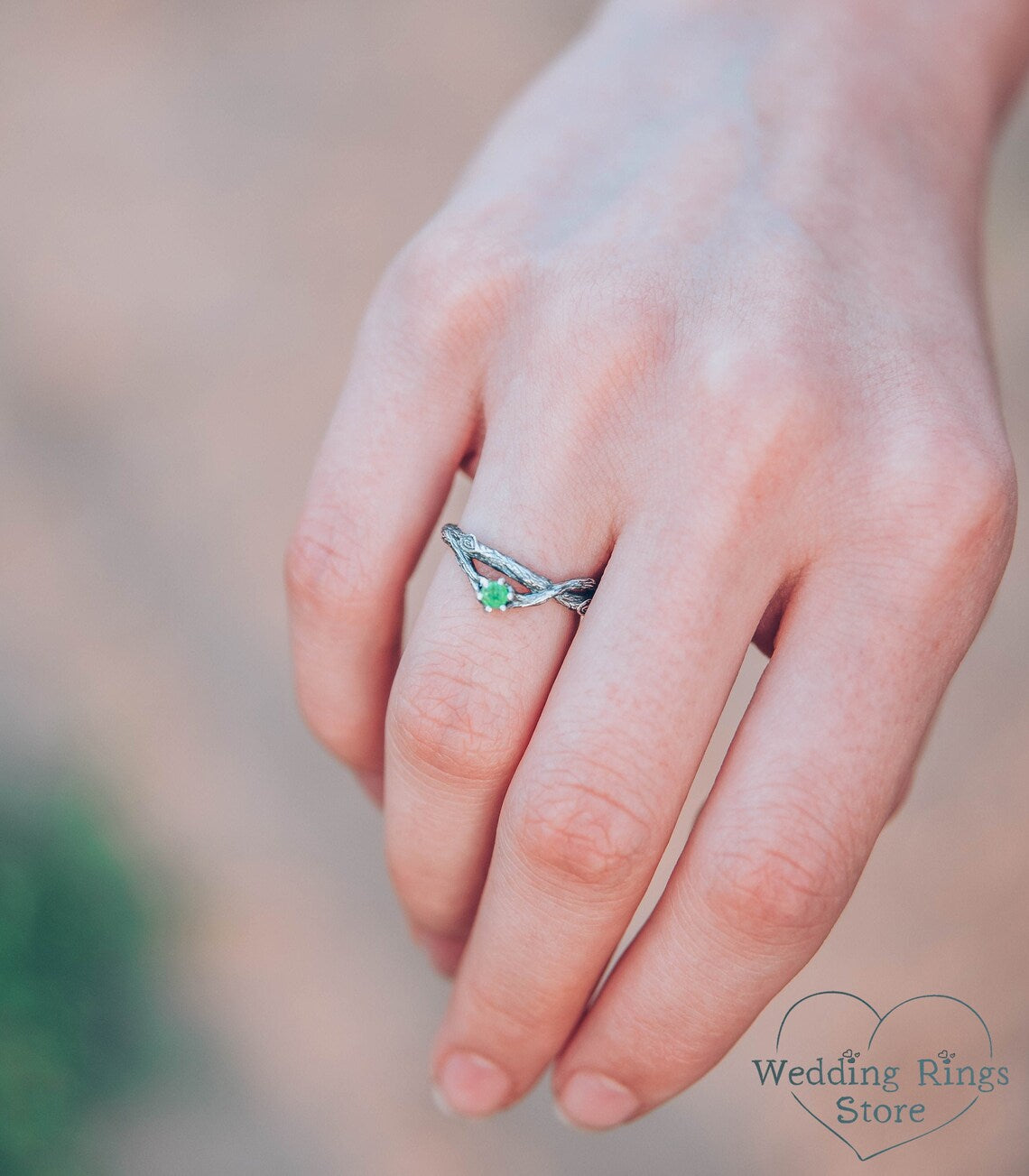 Tiny Emerald on the Side Branch Silver Dainty Engagement Ring