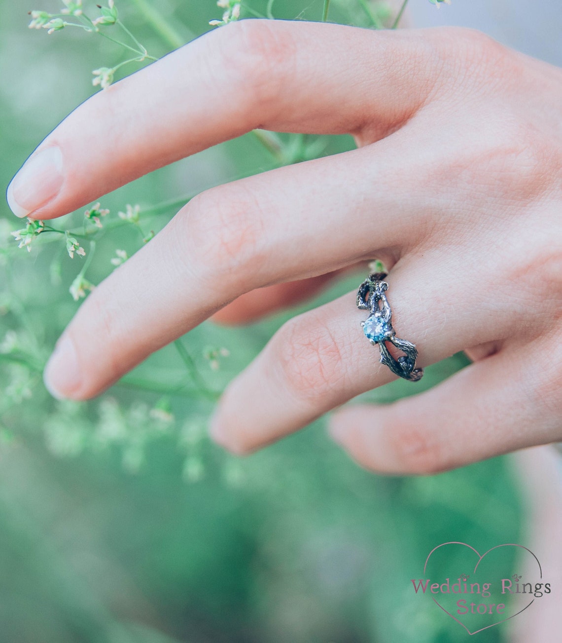 Dainty Small Branch Swiss Topaz Engagement Ring in Silver