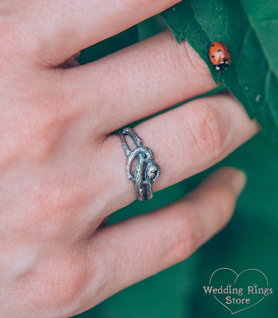 Silver Braided Branch of Heart Ring