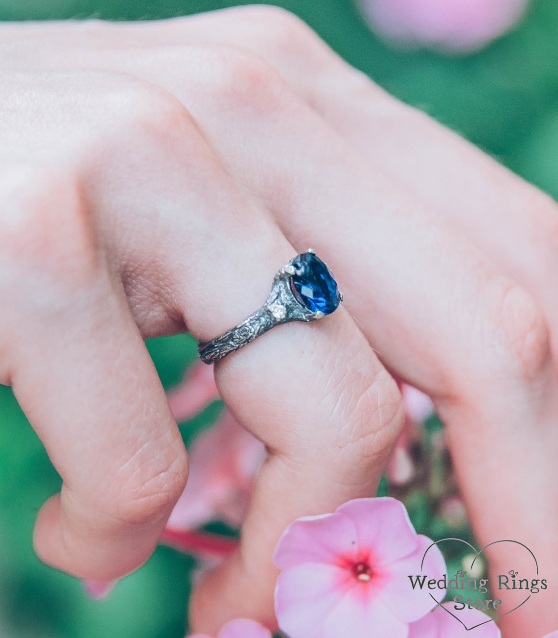 Oval Sapphire with Twig Ring made in Sterling Silver