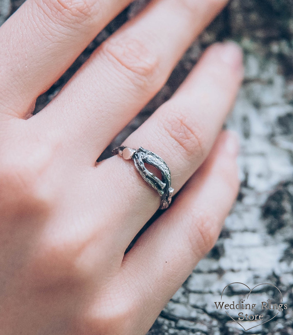 Stones on a Dainty Split Silver Branch & Leaves Cute Ring