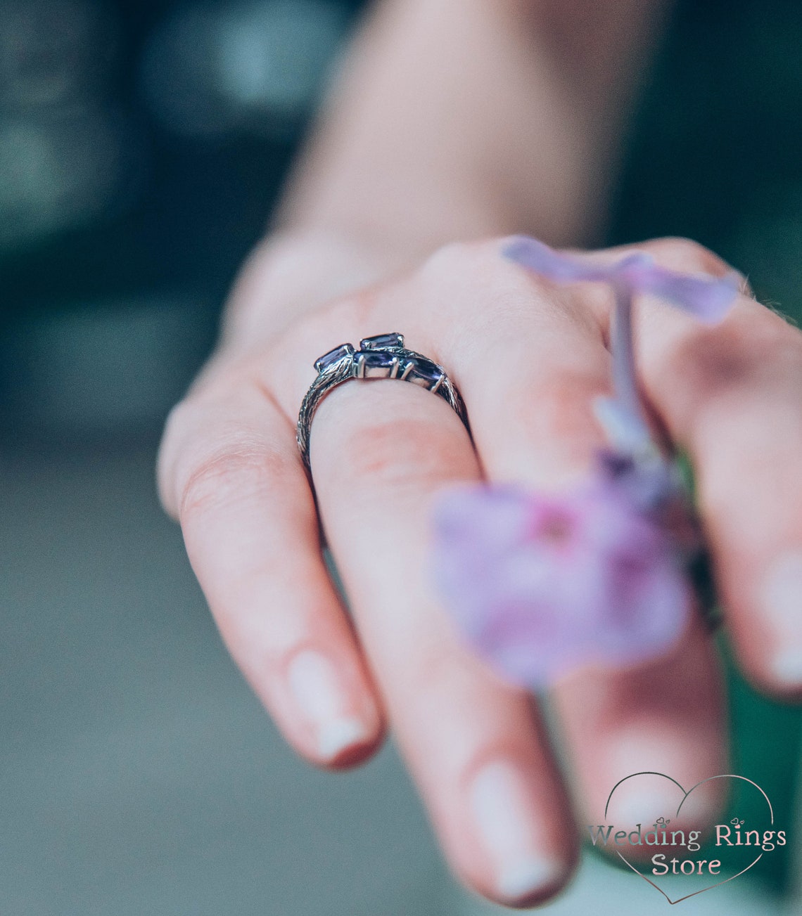 Delicate Amethysts Waved Twig Engagement Ring in oxidized Silver