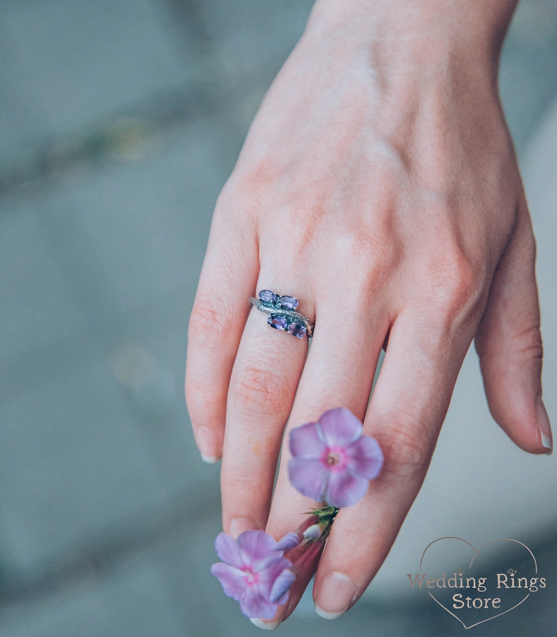 Delicate Amethysts Waved Twig Engagement Ring in oxidized Silver