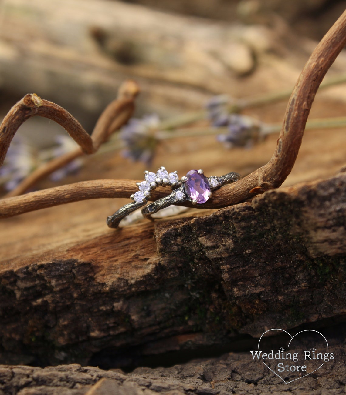 Amethyst & Cubic Zirconia Tiara — Small Silver Twig Engagement Ring