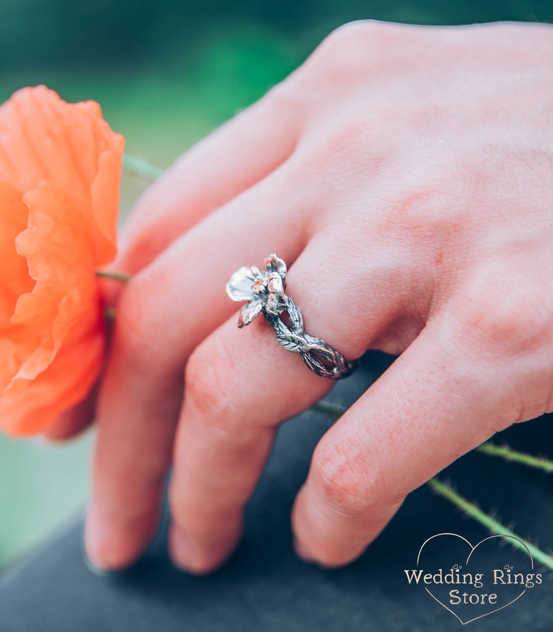 Fine Silver Branch and Citrine flower Engagement Ring