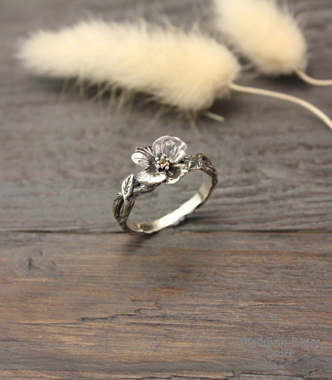 Fine Silver Branch and Citrine flower Engagement Ring