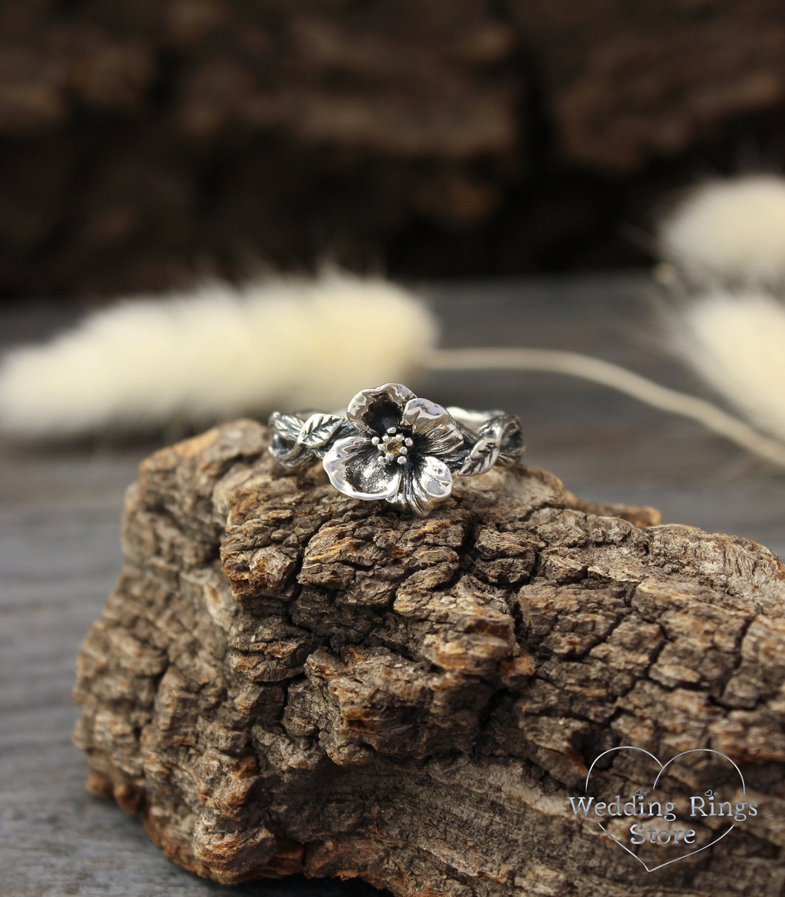 Fine Silver Branch and Citrine flower Engagement Ring