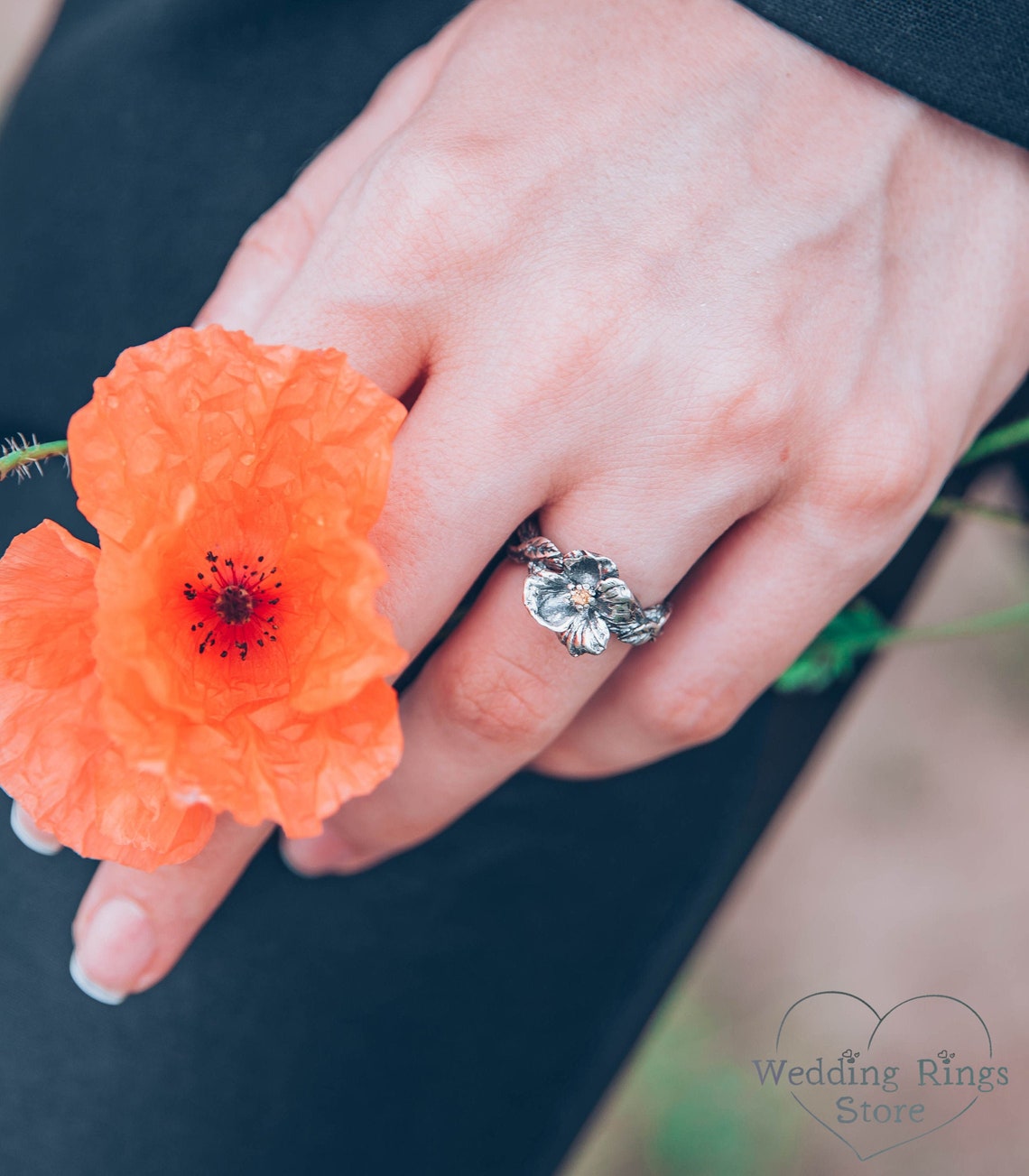 Fine Silver Branch and Citrine flower Engagement Ring