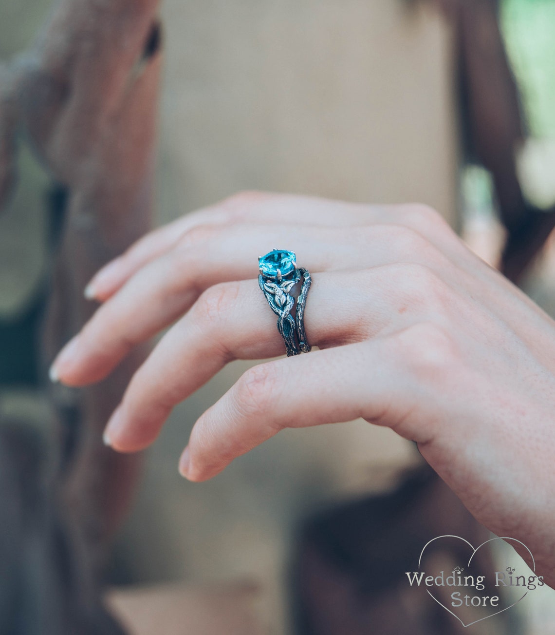 Fantastic Topaz Branch Engagement Ring with CZ in Leaves