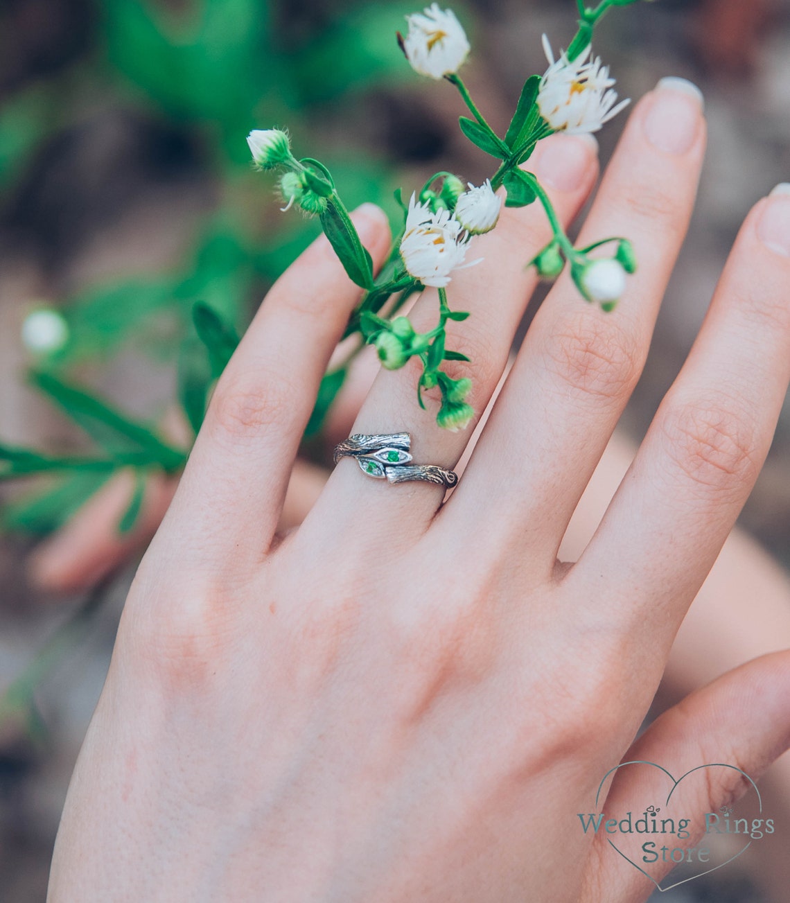 Emeralds in Leaves and Silver Twig Dainty Ring