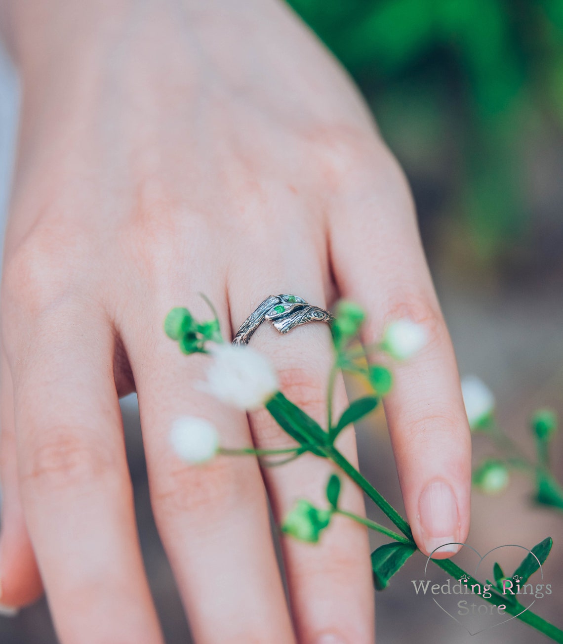 Emeralds in Leaves and Silver Twig Dainty Ring