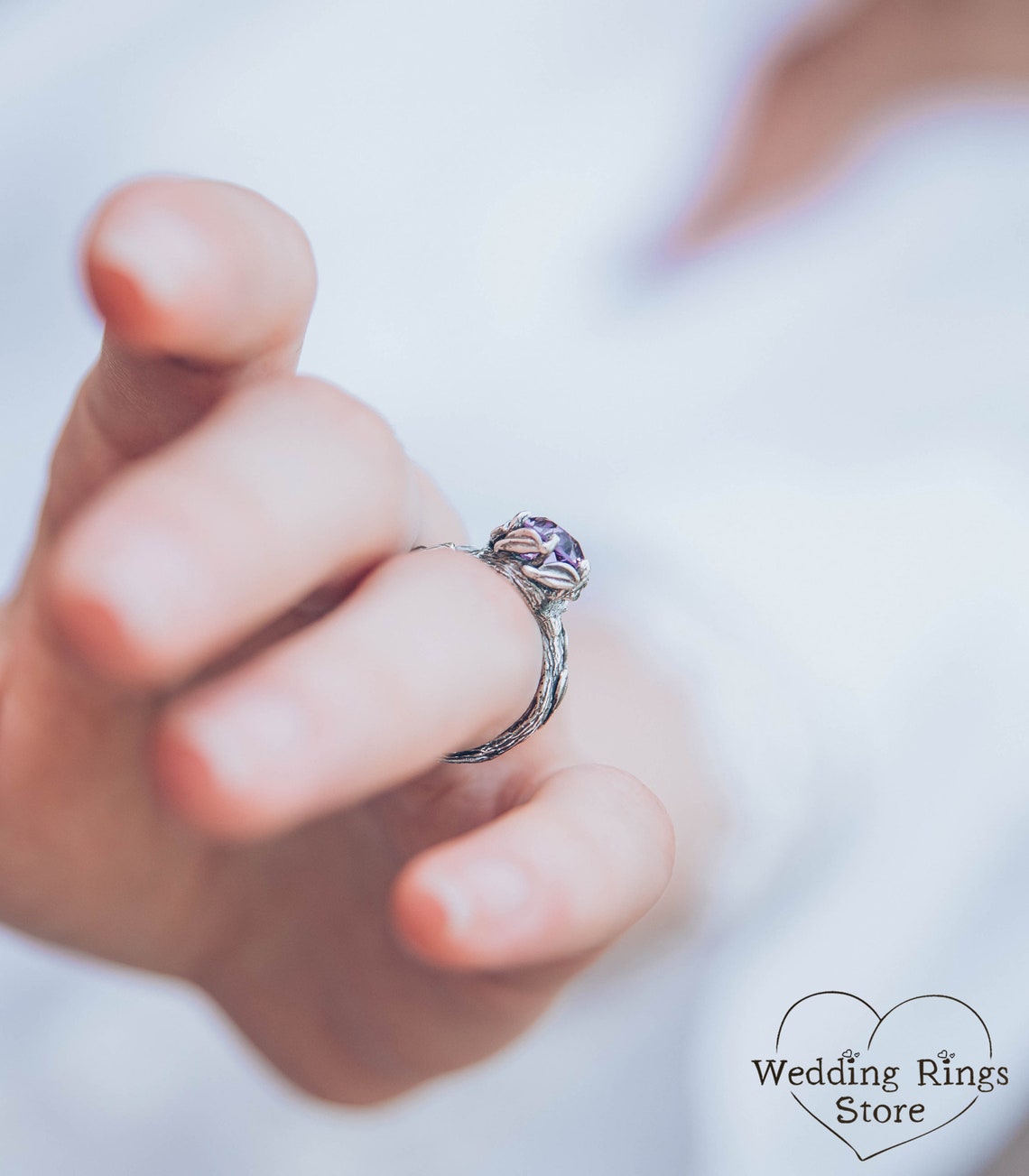 Big Amethyst Chevron Statement Ring & Leaves on a Silver Branch