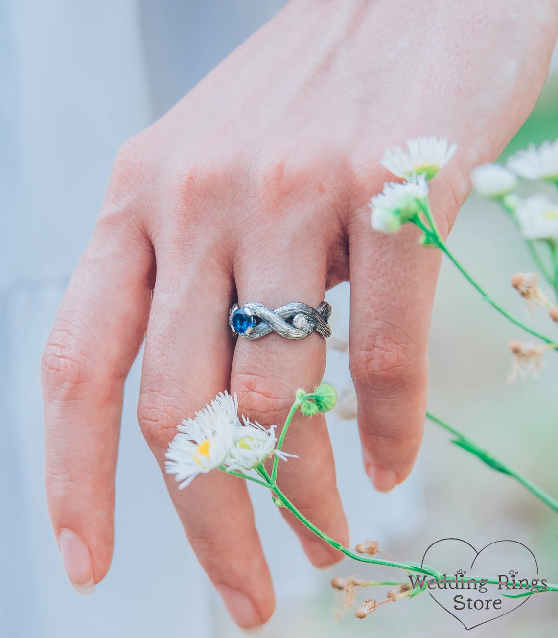 Silver Braided Branches Sapphire Engagement Ring