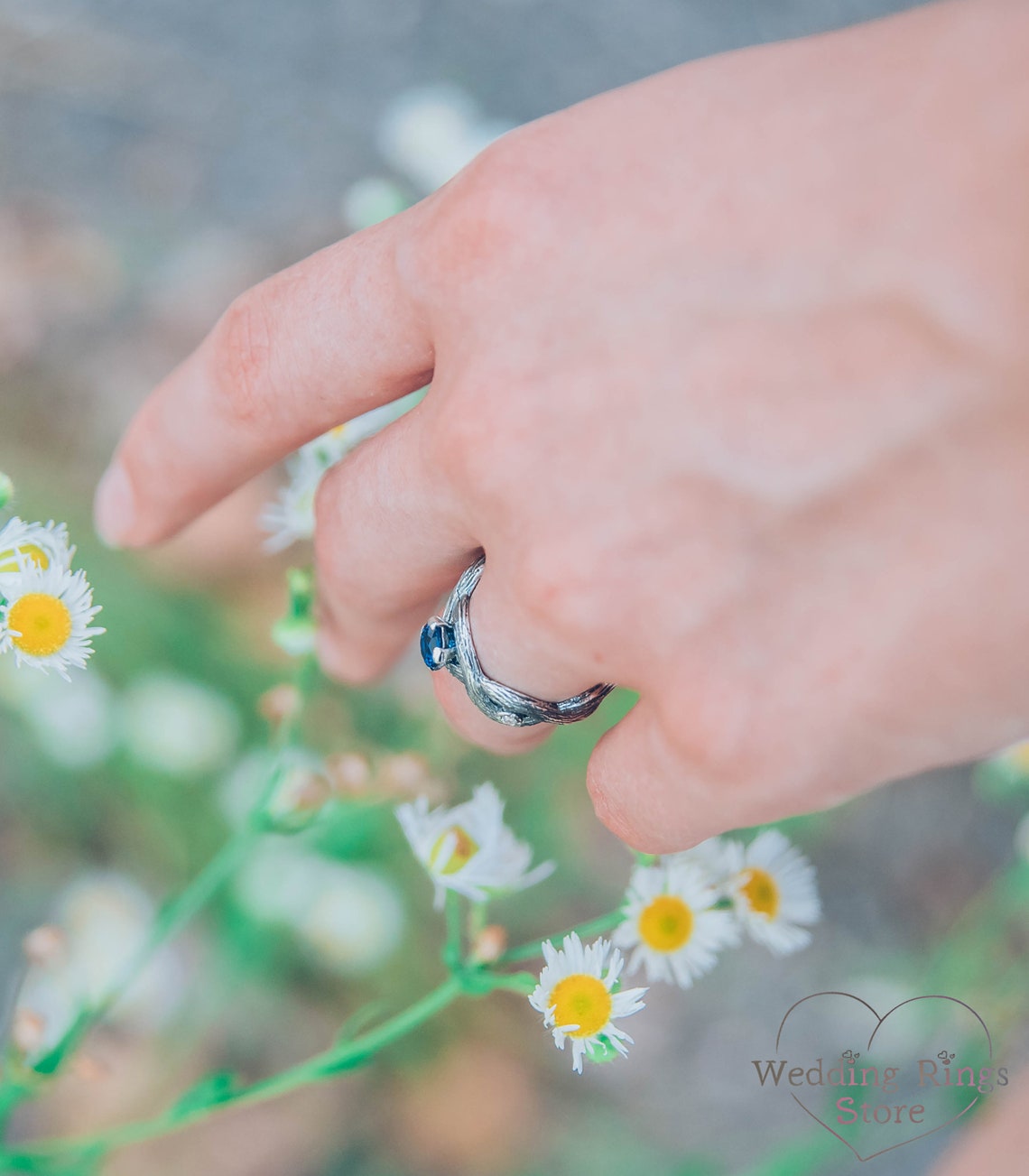 Silver Braided Branches Sapphire Engagement Ring